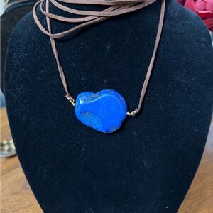 Artisan Blue Lapis Stone Necklace with Brown Leather Cord